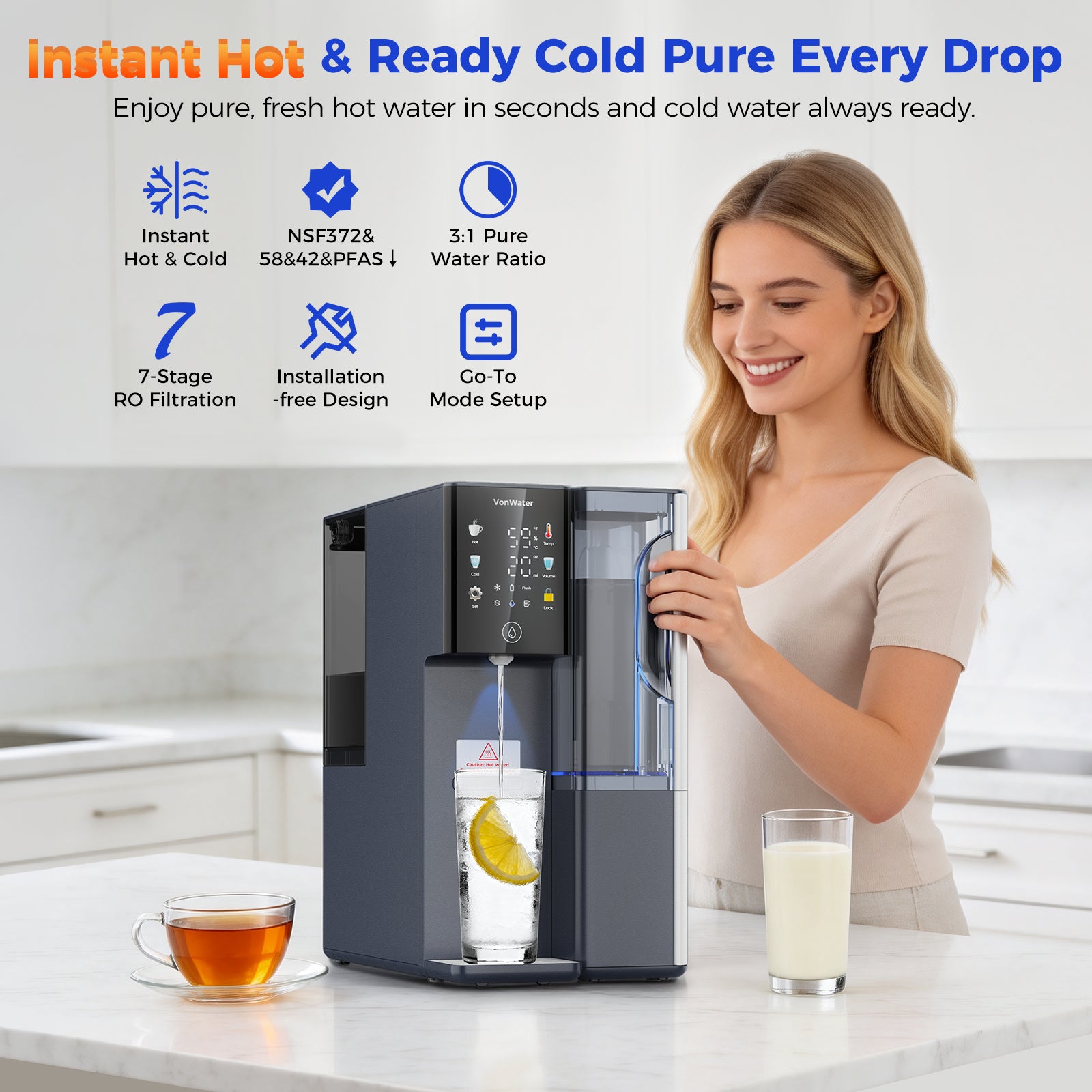 C5 Cold & Instant Hot Countertop Reverse Osmosis Water Filter System | VonWater Navy Blue