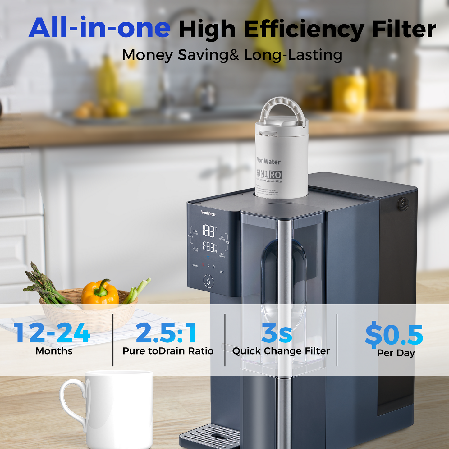 CT910H Instant Hot Countertop Reverse Osmosis Water Filter 100GPD | VonWater