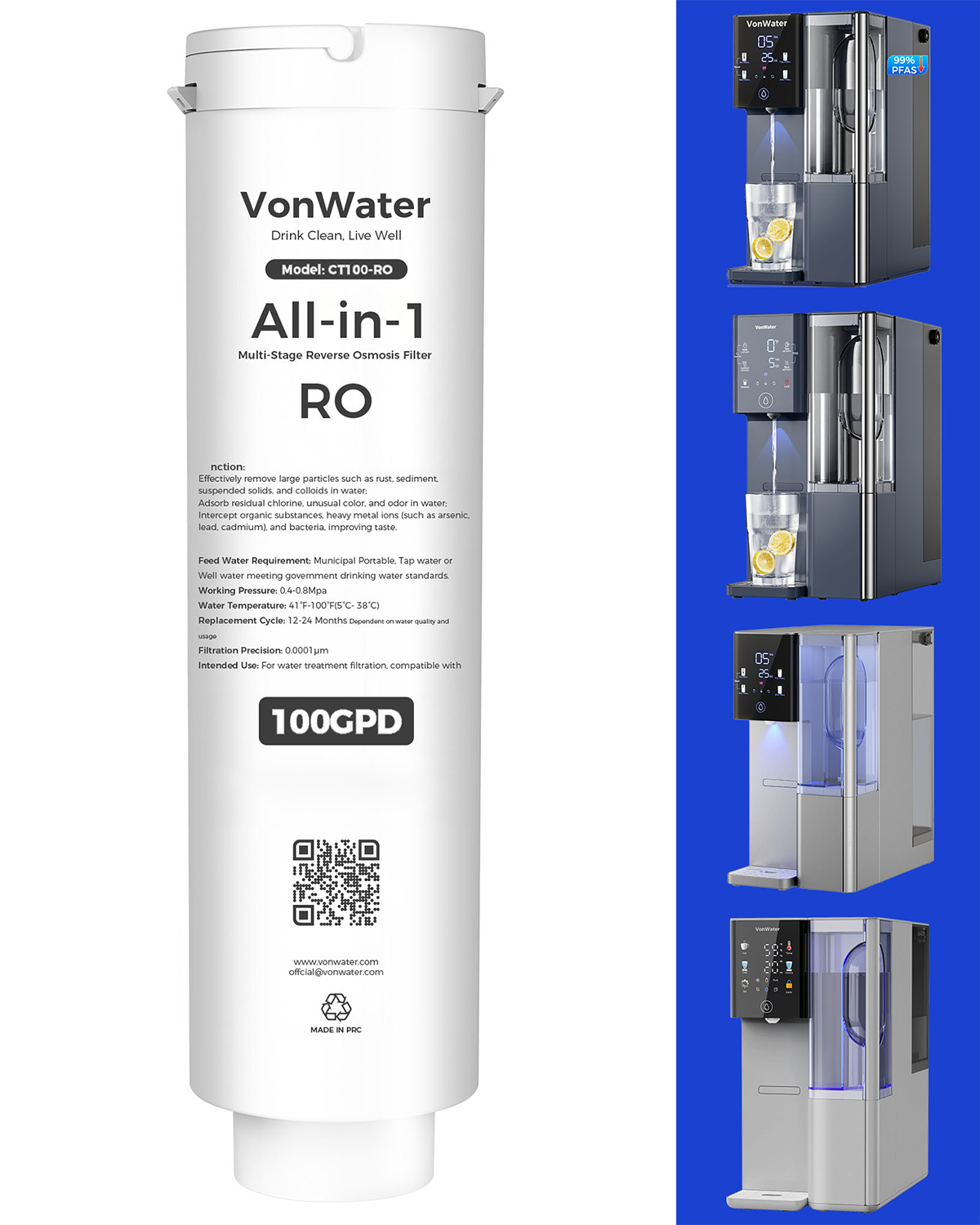 CT100 RO filter replacement for vonwater countertop ro system