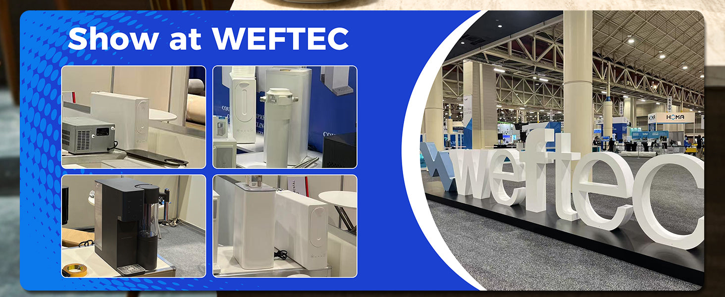 Promotional graphic for WEFTEC event with images of booths and a large 'WEFTEC' sign.