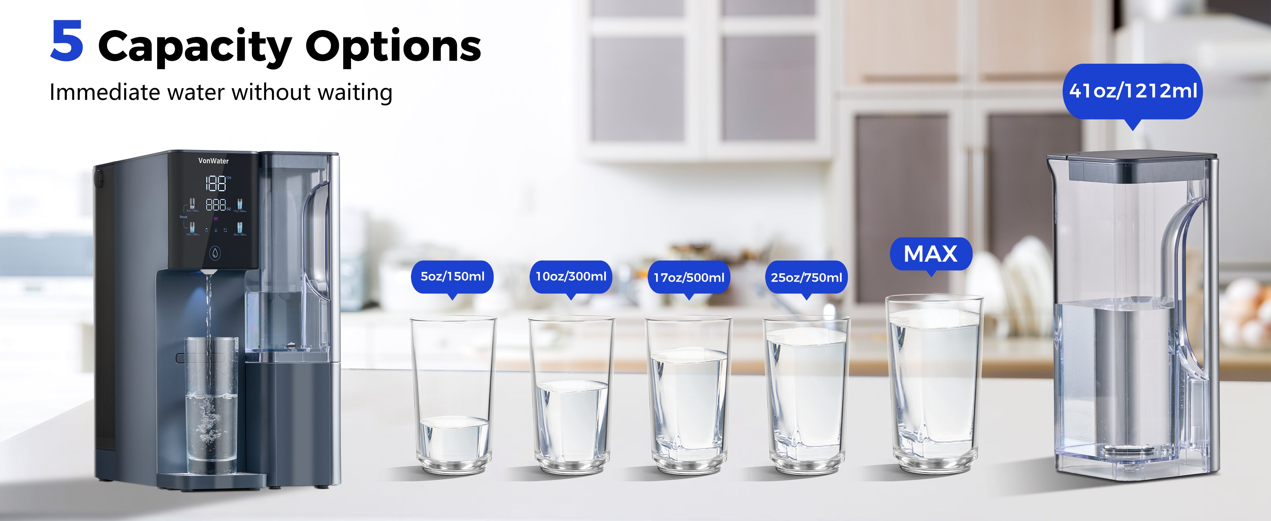 VonWater CT910 reverse osmosis water filter countertop with 5 capacity options from 5oz, 10oz, 17oz, 25oz and max
