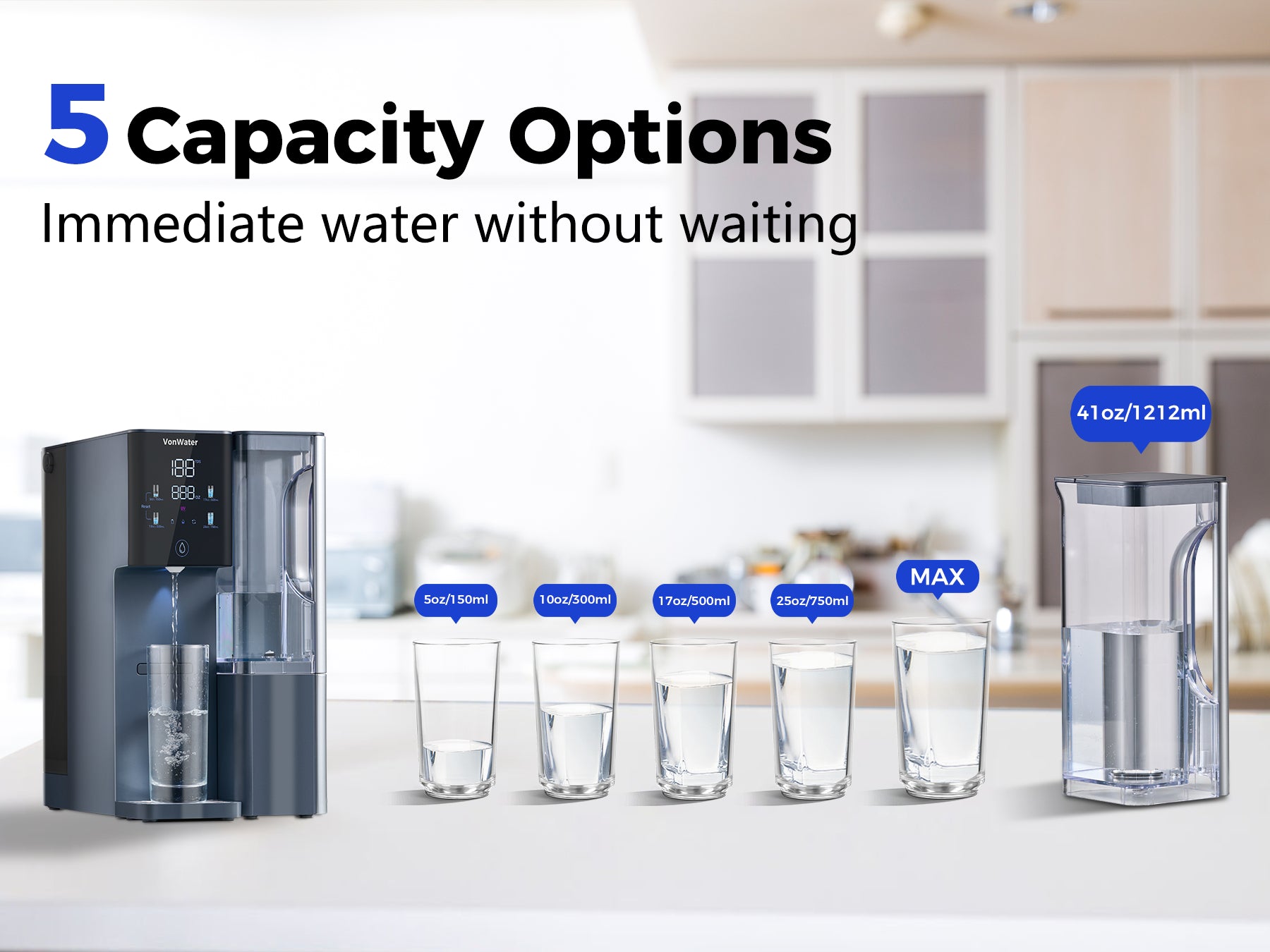 VonWater CT910 reverse osmosis water filter countertop with 5 capacity options from 5oz, 10oz, 17oz, 25oz and max M