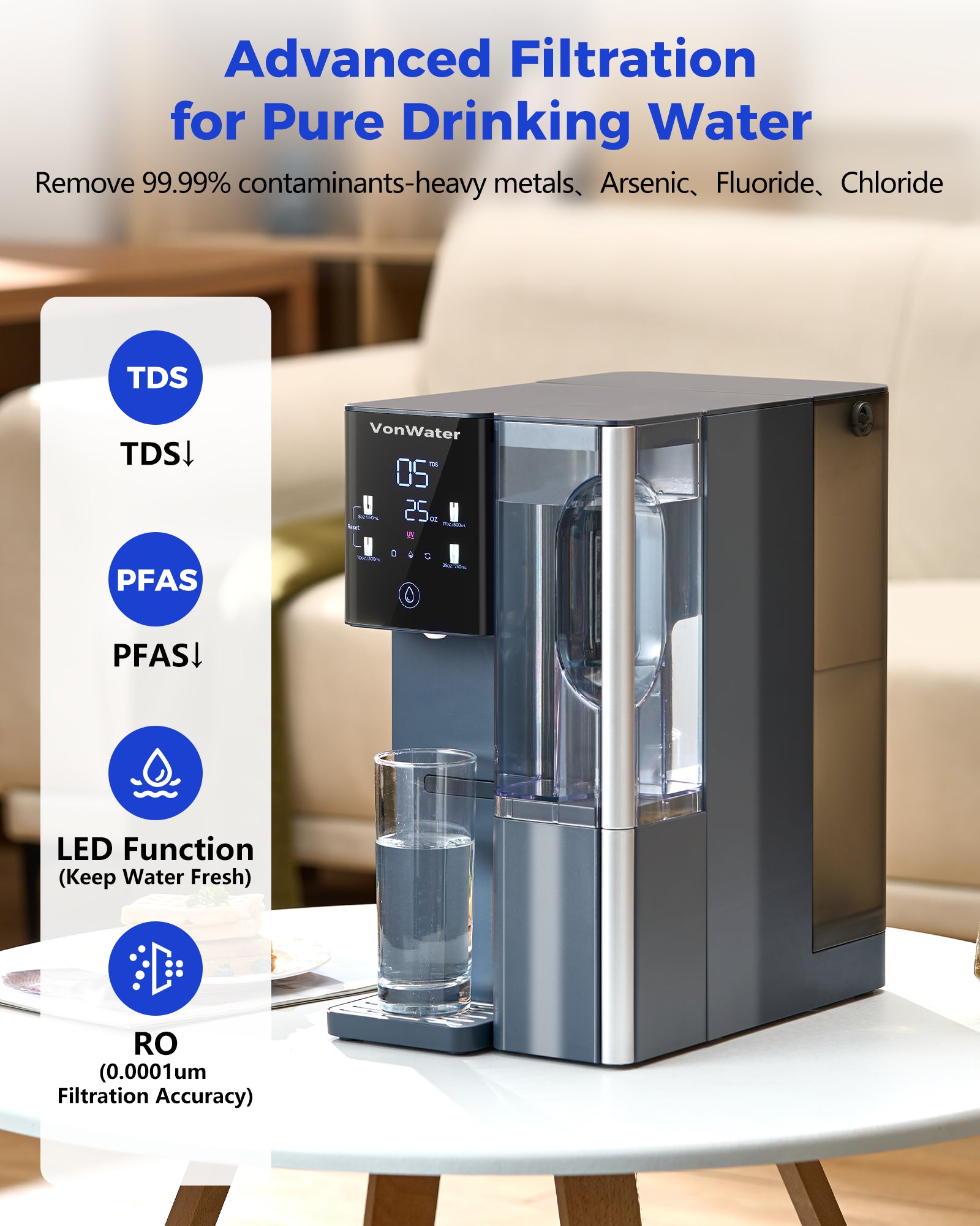 advanced filtration for pure drinking water, reduce tds, pfas with uv functions