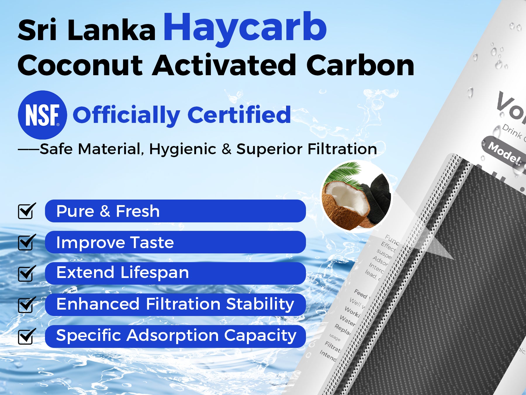 sri lanka haycarb coconut activated carbon enhance tasting, pure and fresh ro water M