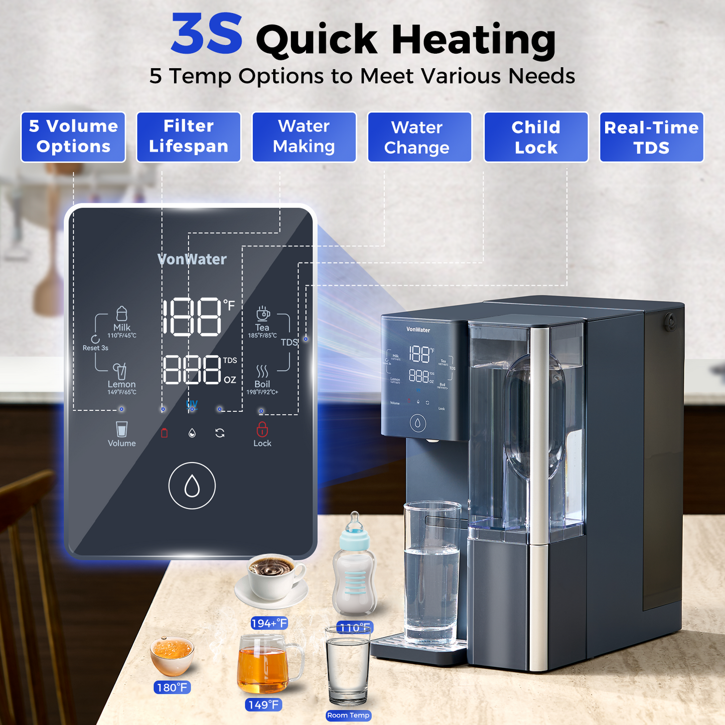 CT910H Instant Hot Countertop Reverse Osmosis Water Filter 100GPD | VonWater