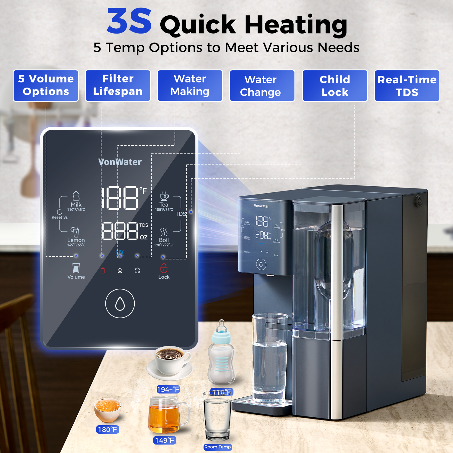CT910H Instant Hot Countertop Reverse Osmosis Water Filter 100GPD | VonWater